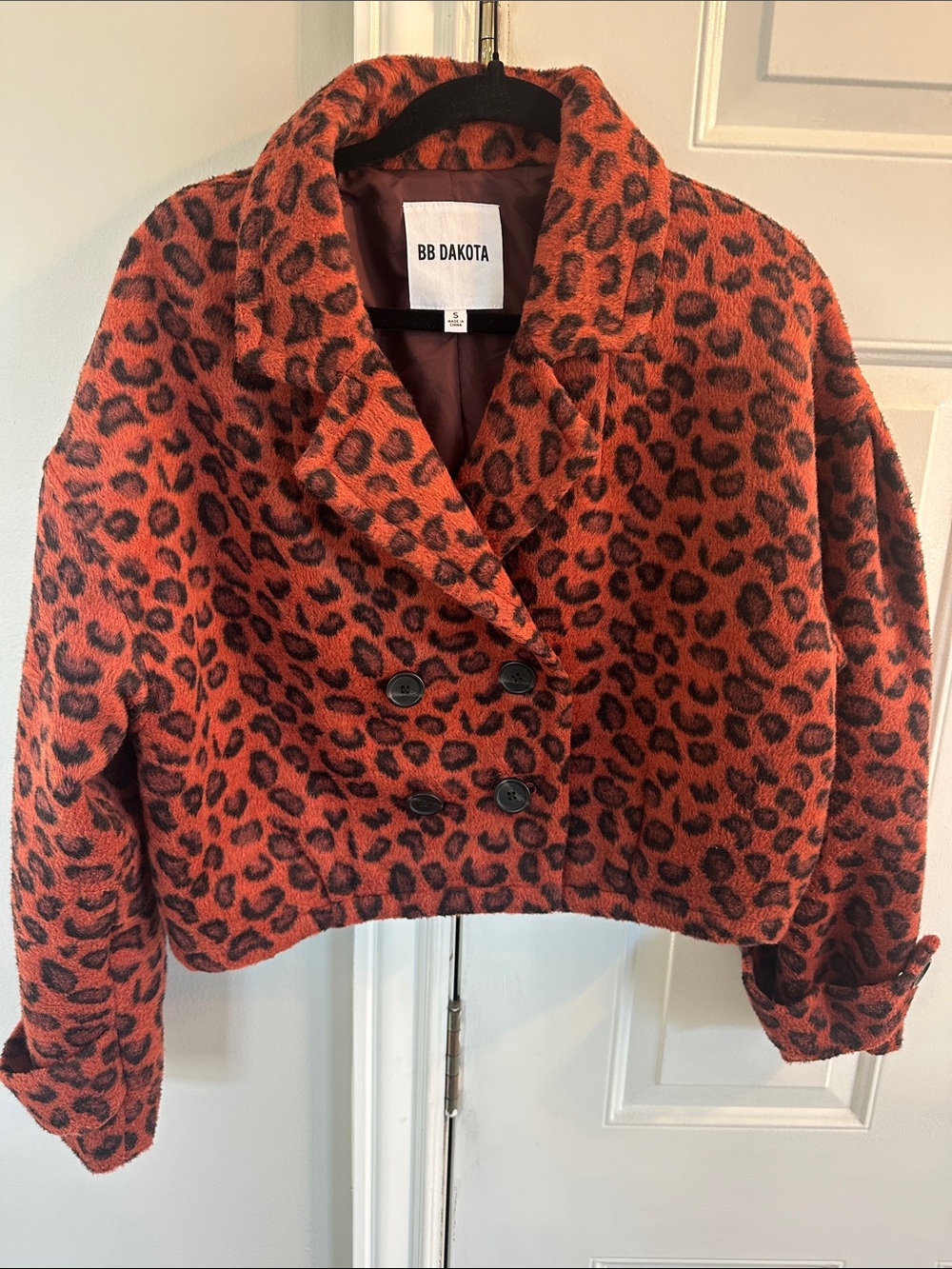 BB Dakota by Steve Madden Burnt Orange Leopard Cropped Pea Coat Size Small